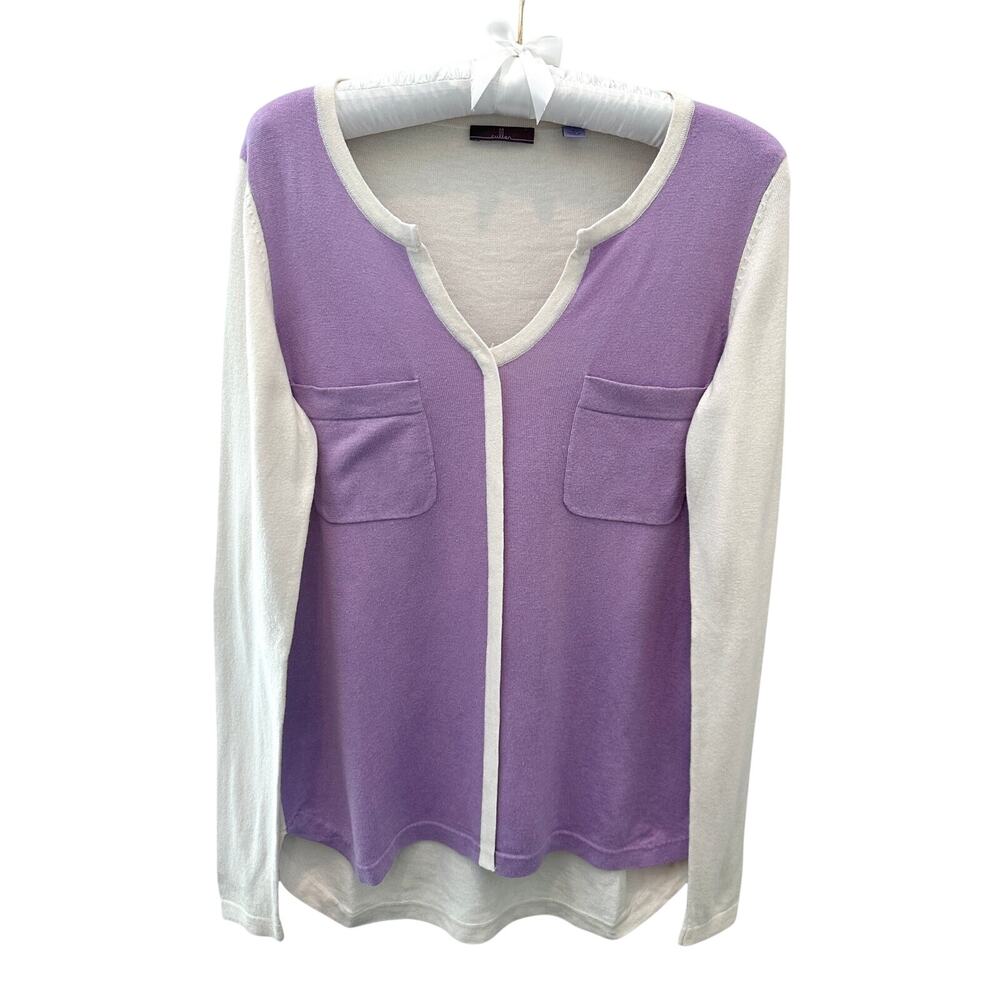 CULLEN | Colorblock Knit Sweater Top Purple Ivory Silk Cashmere Blend Small